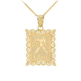 Gold Libra Zodiac Sign Filigree Square Pendant Necklace