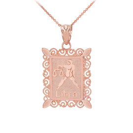 Rose Gold Libra Zodiac Sign Filigree Square Pendant Necklace