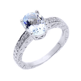 White Gold Art Deco Aquamarine and Diamond Proposal Ring