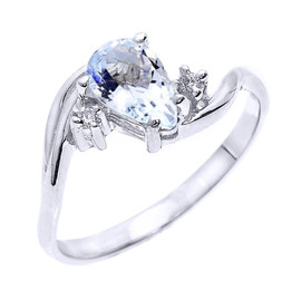 White Gold Pear Shaped Aquamarine and Diamond Proposal Ring