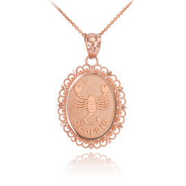 Rose Gold Scorpio Zodiac Sign Filigree Oval Pendant Necklace