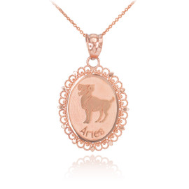 Polished Rose Gold Aries Zodiac Sign Oval Pendant Necklace