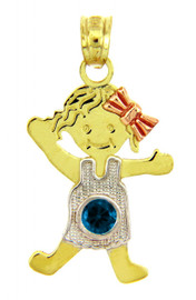 Tri-Color Gold Girl With Bow Blue December Birthstone CZ Charm Pendant