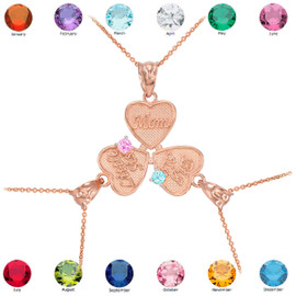 3pc Rose Gold 'Mom' 'Big Sis' 'Little Sis' Dual Birthstone CZ Heart Necklace Set