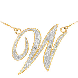 14k Gold Letter Script "W" Diamond Initial Necklace