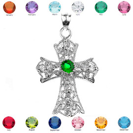 Sterling Silver Art Deco Filigree Design CZ Cross Pendant