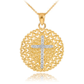 Two-Tone Gold Filigree Heart Cross Diamond Pendant Necklace