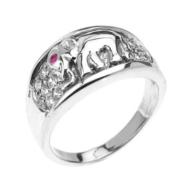 White Gold White and Red CZ Elephant Ring