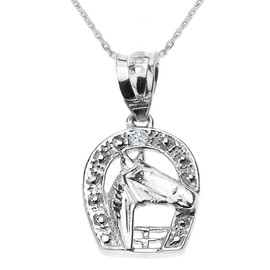 Sterling Silver Diamond Horseshoe with Horse Head Pendant Necklace