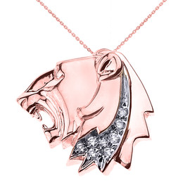 Rose Gold Roaring Lion Head Diamond Pendant Necklace