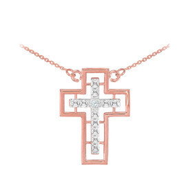 14K Two Tone Rose Gold Cross Diamond Necklace