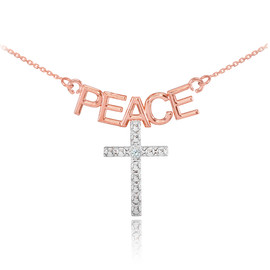 14K Two Tone Rose Gold PEACE Cross Diamond Necklace