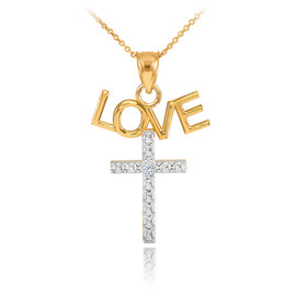 14K Two Tone Gold LOVE Cross Diamond Pendant Necklace