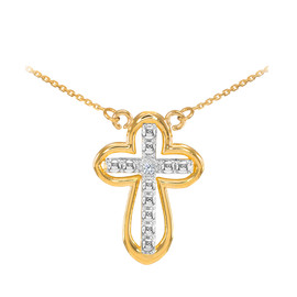 14K Two Tone Gold Diamond Cross Necklace