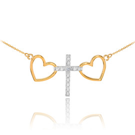 14 K Two Tone Gold Heart Cross Diamond Necklace