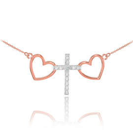 14 K Two Tone Rose Gold Heart Cross Diamond Necklace