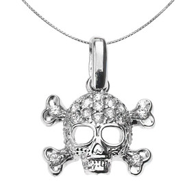 Sterling Silver Skull and Bones Pendant Necklace with White CZ