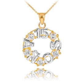 14K Two Tone Yellow and White Gold 15 Años CZ Pendant Necklace
