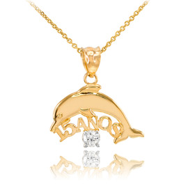 14K Gold 15 Años Dolphin CZ Pendant Necklace