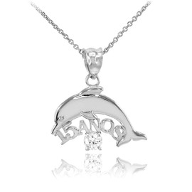 14K White Gold 15 Años Dolphin CZ Pendant Necklace