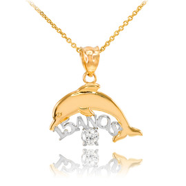 14K Two Tone Gold 15 Años Dolphin CZ Pendant Necklace