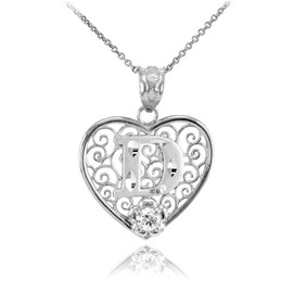 Silver Filigree Heart "D" Initial CZ Pendant Necklace