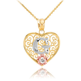 Two Tone Yellow Gold Filigree Heart "G" Initial CZ Pendant Necklace