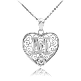 White Gold Filigree Heart "M" Initial CZ Pendant Necklace