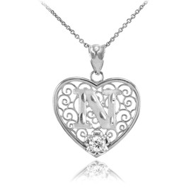 White Gold Filigree Heart "N" Initial CZ Pendant Necklace