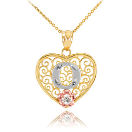 Two Tone Yellow Gold Filigree Heart "O" Initial CZ Pendant Necklace