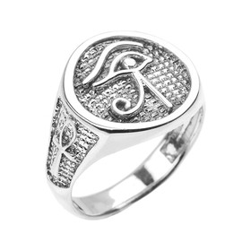 White Gold Eye of Horus with Egyptian Ankh Crosses Men's Ring