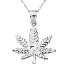 White Gold Marijuana Cannabis Leaf "HI" Script Pendant Necklace