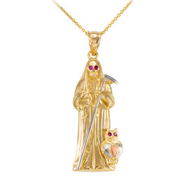 Three-tone Gold Santa Muerte Owl Red CZ Pendant Necklace