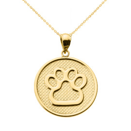 Yellow Gold Dog Paw Print Disc Pendant Necklace