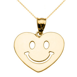 Yellow Gold Happy Smiley Face Heart Pendant Necklace