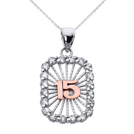 Two Tone Gold Sweet 15 Años Quinceanera CZ Pendant Necklace