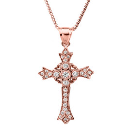 14k Rose Gold Diamond Cross Pendant Necklace with Hearts