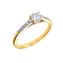 Yellow Gold Diamond and White Topaz Engagement Proposal Ring