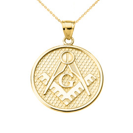 Yellow Gold Freemason Masonic Round Pendant Necklace