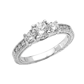 White Gold Art Deco CZ Engagement Proposal Ring