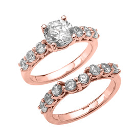 Rose Gold Round CZ Engagement Bridal Set