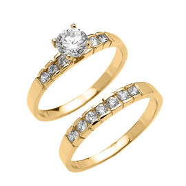 Yellow Gold Channel Set Round CZ Engagement Wedding Ring Set