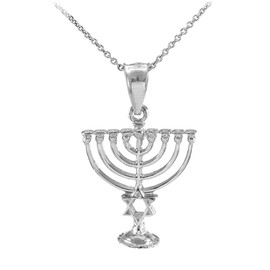 White Gold Menorah Pendant with Star of David