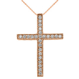 Rose Gold Milgrain Edged Diamond Cross Pendant Necklace