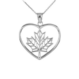 White Gold Maple Leaf Open Heart Pendant Necklace