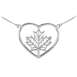 14k White Gold Maple Leaf Open Heart Necklace