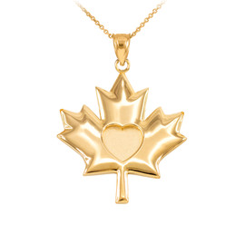 Solid Yellow Gold Heart Maple Leaf Pendant Necklace