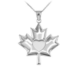Solid White Gold Heart Maple Leaf Pendant Necklace