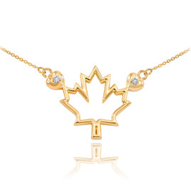 14k Yellow Gold Open Design Maple Leaf Diamond Necklace