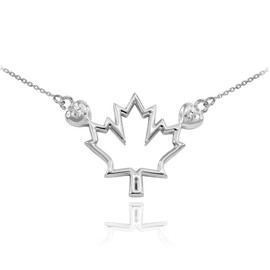 14k White Gold Open Design Maple Leaf Diamond Necklace